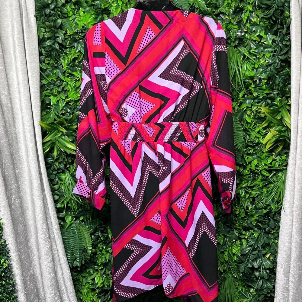 Ashley Stewart Dress Size 18/20 Pink Geometric Chevron High-Low V-Neck Boho 3778 - Picture 6 of 7